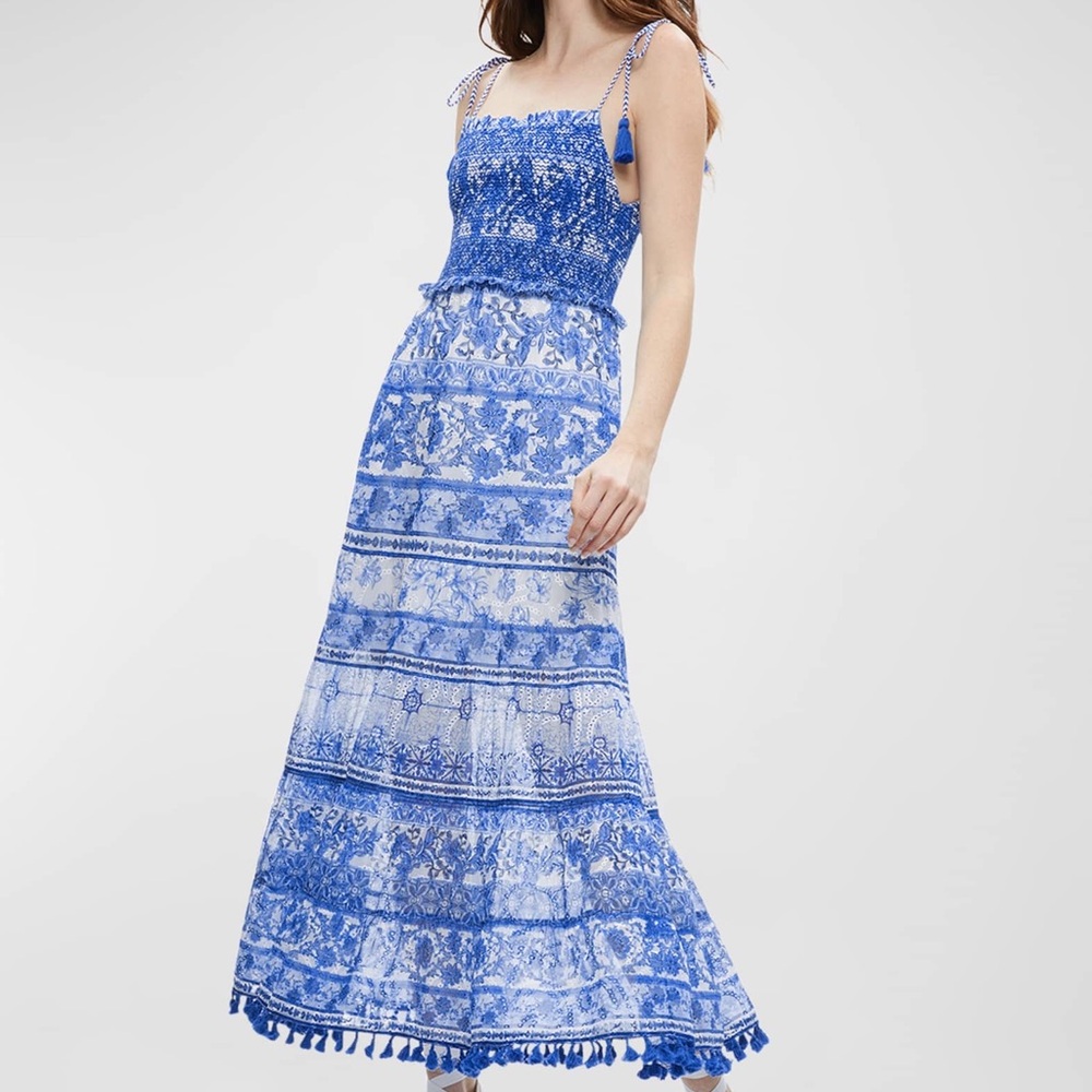 LIKE NEW Alice + Olivia Blue Long Dress with floral detail. Size 0. flattering!